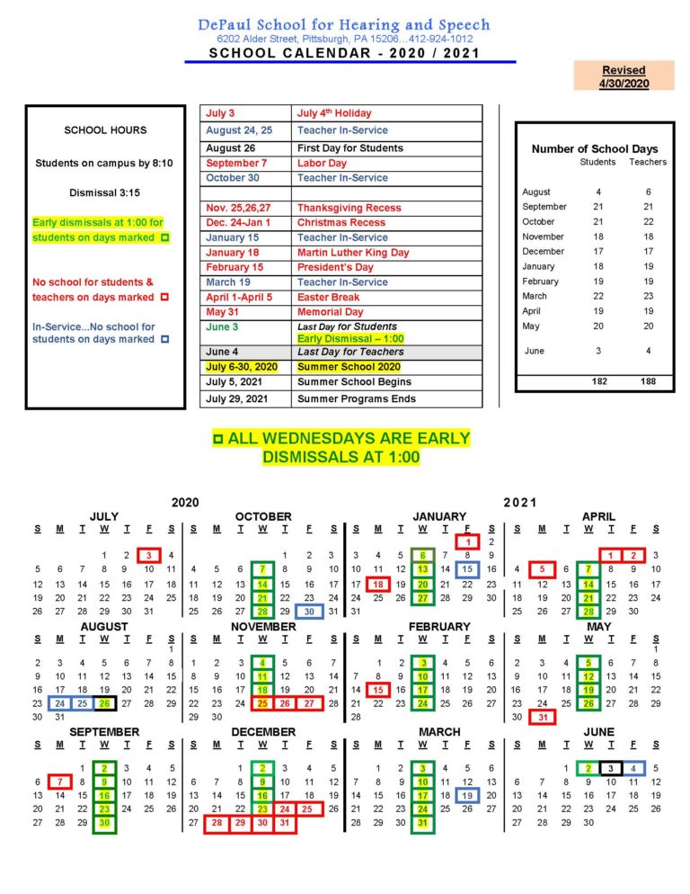 School Calendar - DePaul School for Hearing and Speech