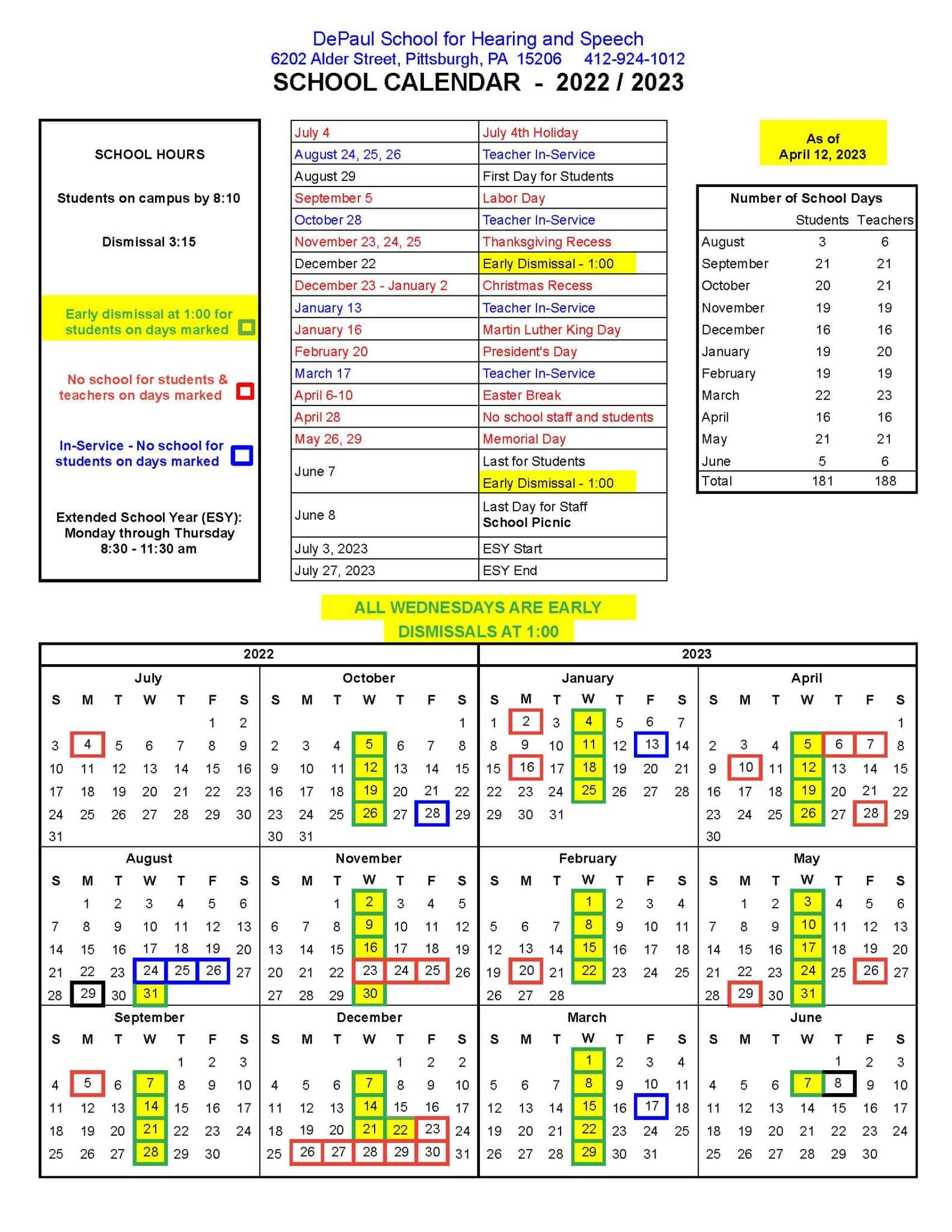 School Calendar DePaul School for Hearing and Speech