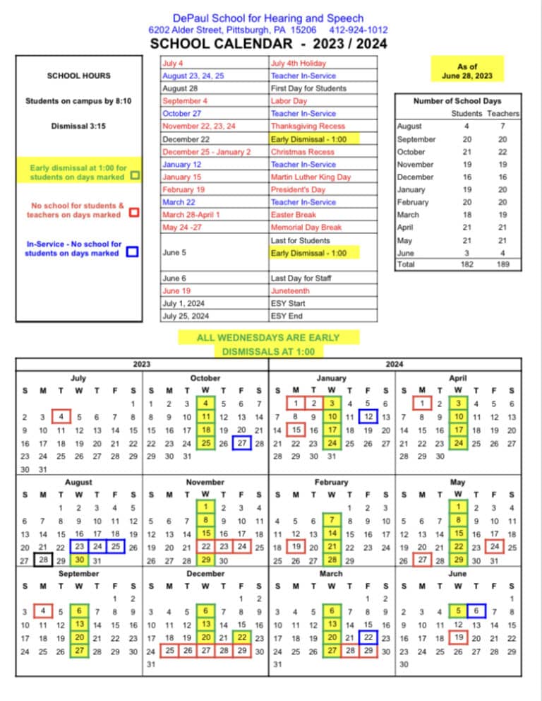 School Calendar DePaul School for Hearing and Speech