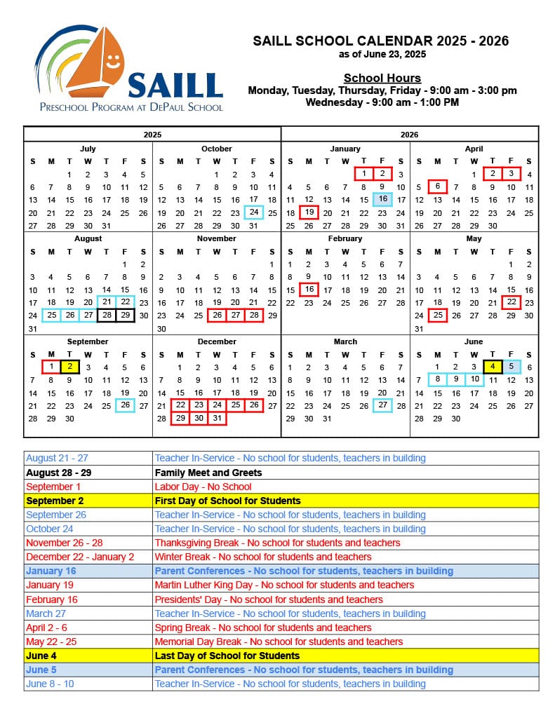 2025-2026 SAILL Calendar