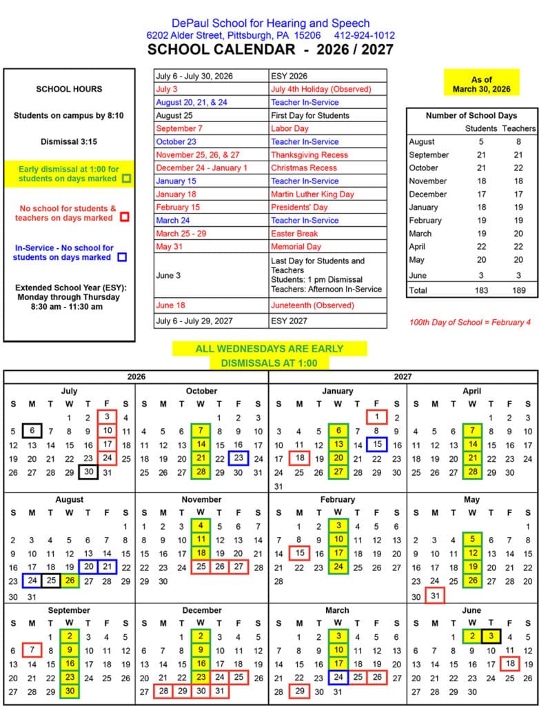 2026-2027 School Calendar as of 03.30.2026