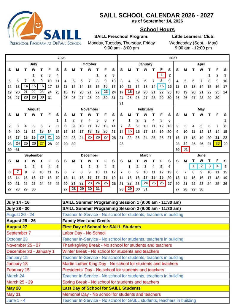 2026-2027 SAILL School Calendar - Google Sheets
